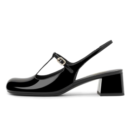 YDN Women Slingback Pumps T Strap Slip On Block Mid Heels Closed Round Toe Dress Shoes Party Office Size 4-16 US2