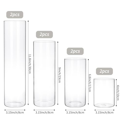 CEWOR 8pcs Glass Cylinder Vase 4, 7, 9, 12 Inch Tall Clear Vases for Wedding Glass Candle Holder for Centerpieces Flower Vase for Home Decor Party 4 Different Sizes - Image 3