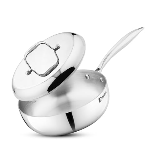 Image of Bergner Argent Saira Triply Stainless Steel 18 cm Multi Frypan with Stainless Steel Lid, 1.5 Liters Frypan with Curved Shape Lid and Welded Cast Handle, Less Cooking Oil Use - Induction Bottom Silver