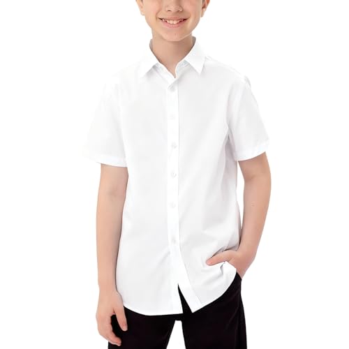LXEASYGO Boys Short Sleeve School Uniform Shirts Plain Blue White Regular Fit Kids Button Down Collared Dress Shirts for Boys 5-16 Years (UK, Alpha, 3XL, Regular, Regular, White)