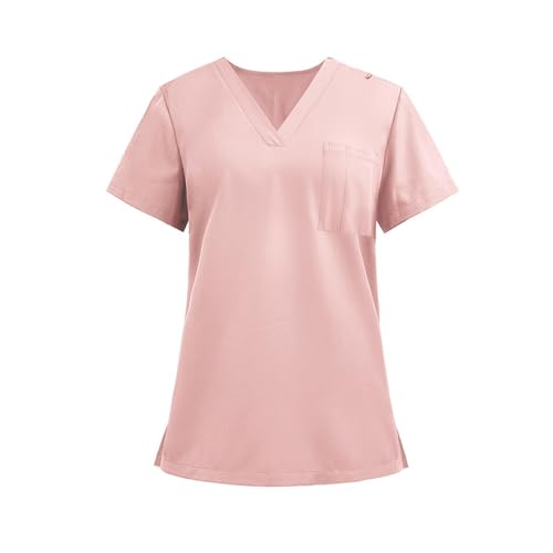 Image of FONMA Scrub Tops Women Plus Size Stretchy V-Neck Scrub Shirts with 4 Pockets Breathable Short Sleeve Nurse Uniforms