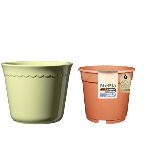 MePla - Set - Sk Soendgen Keramikübertopf Bergen ø17 - Verde Chiaro Vaso per Coltura ø14, Prezioso Ambiente Casa