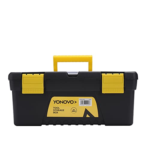 Yonovo Plastic Toolbox - 14inch - Portable Tool Storage Box with Removable Tray Secure Latches Clear Lid Compartments and Foldable Handle - Ideal for Home Automotive DIY and Workshop Storage