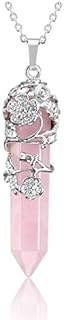 CrystalTears Rose Quartz Healing Crystals Necklace Flower Wrapped Hexagonal Quartz Crystal Point Gemstone Pendant Necklace Jewelry for Mum Women Girls Valentines Gift for Her Girlfriend Wife