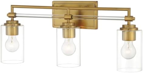 Minka Lavery 2643-575 Binsly Rectangular Plate with Clear Glass Cylinder Bath Vanity Wall Light, 3-Light 180 Total Watts, 10" H x 24" W, Aged Brass