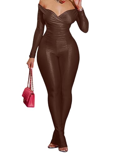 Women's Sexy 2 Piece Outfits V Neck Ruched Top Bodycon Flared Pant Set Y2k Streetwear Sweatsuit Coffee M