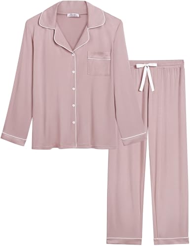 Joyaria Womens Soft Bamboo Viscose Pajamas Set Long Sleeve Button Pjs Sleepwear Pants Set(Blushing...
