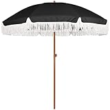 AMMSUN 7ft Patio Umbrella with Fringe Outdoor Tassel Umbrella UPF50+ Premium Steel Pole and Steel Ribs Push Button Tilt, Black