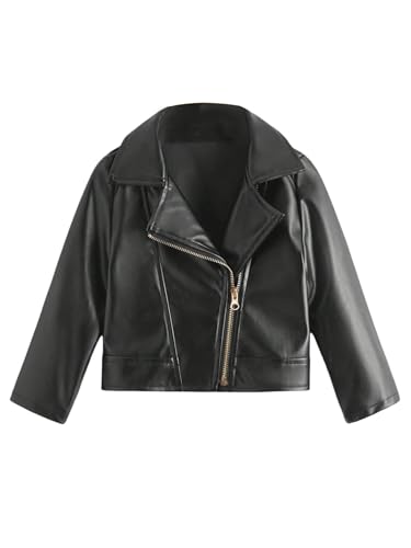 WDIRARA Girl's PU Leather Zip Up Crop Jacket Asymmetrical Collared Long Sleeve Outerwear