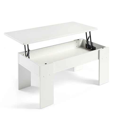DUPI Mesa de Centro Elevable Aitana | Superficie Elevable para Comodidad | Hueco Interior para Almacenaje | Fácil Limpieza | Ideal Salón-Comedor, Madera | Blanco