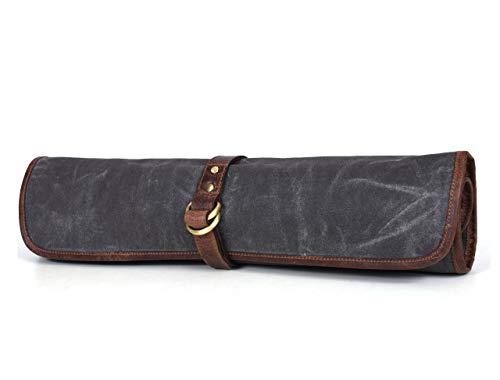 Chef Knife Roll Bag Leather And Waxed Canvas Holds 5 Knives Plus A Protected Pouch For Knives - Stress Grey #TOP1