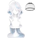 Furina Cosplay Wig for Women White Mixed Blue Wig Focalors Fontaine Blue Highlights Wigs Hair + Elf Ear + Wig Cap for Halloween Comic Con Costume Party