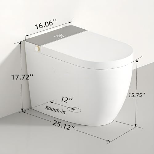 Inodoro inteligente integrado moderno, tapa de apertura y cierre automáticos, asiento calefaccionado, limpieza con agua tibia instantánea, descarga automática con mando a distancia y detección por pie, blanco+gris miniatura 2