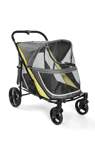 GarveeLife Passeggino per cani 2 in 1, pieghevole, per cani e gatti di grandi e medie dimensioni, con finestre a rete, supporto per bevande, manico regolabile e ruote a 360°, fino a 50 kg