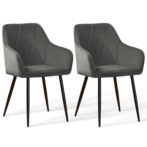JYMTOM Juego de 2 sillas de comedor, tapizadas de terciopelo, sillas de salón con reposabrazos, sillones con respaldo, diseño de diamante, silla de comedor para mesa de comedor (2, gris)