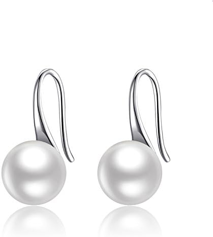 Pearl Earrings For Women, 925 Sterling Silver Freshwater Cultured Pearl Drop Dangle Hook Earring Jewellery (White Gold Plated Sterling Silver,8.5-9.0mm)