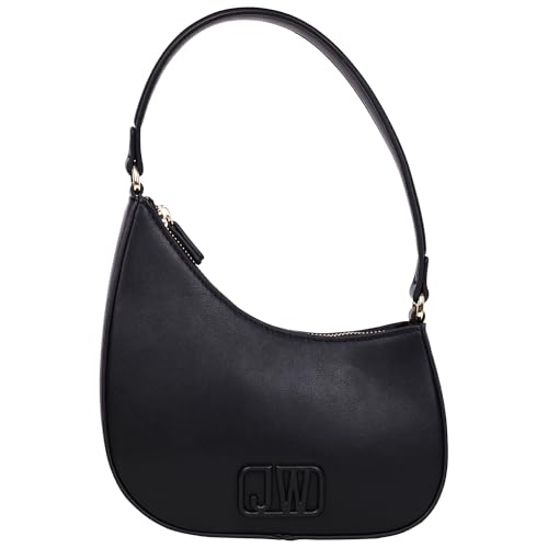 Jason Wu Smooth Shoulder Bag, Curved Crescent Handbag with Tonal 3D Logo and Zipper Closure, Black2