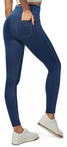 Image of Heathyoga Stretchy Jeans for Women Pull On High Waist Jeggings Jean Legging, Dark Blue, Large