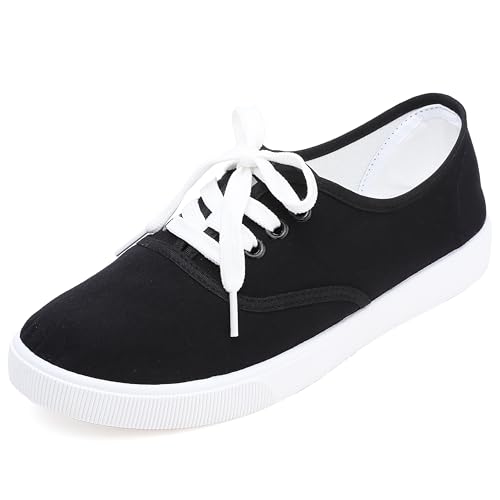Image of Womens White Canvas Sneakers Lightweight Lace Up Fashion Comfortable Canvas Shoes Low Top Slip On Casual Tennis Walking Shoes Women Footwear