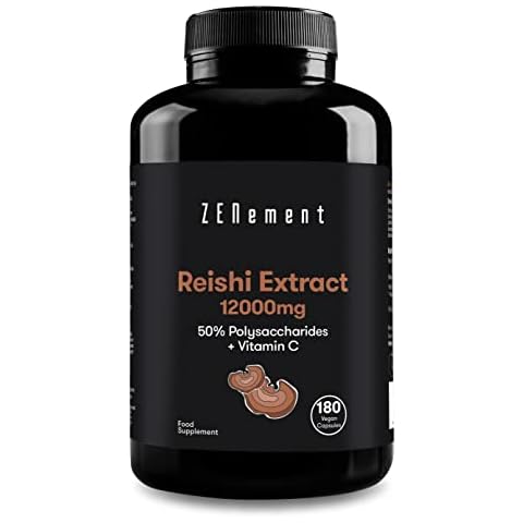 Reishi Extract 12000mg, Vitamin C, 180 Capsules | 50% Polysaccharides | Energising & antioxidant | Vegan, No additives, Non-GMO Ingredients | Zenement Cover