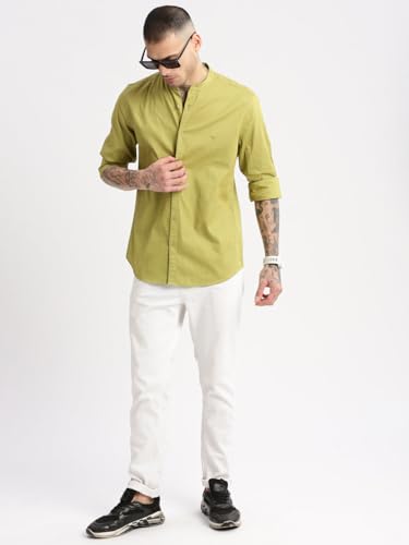 Image of SHOWOFFFF Men Solid Casual Shirt | Mandarin Collar Full Sleeves Cotton Shirt for Mens | Slim Fit Regular Length Shirt for Men's