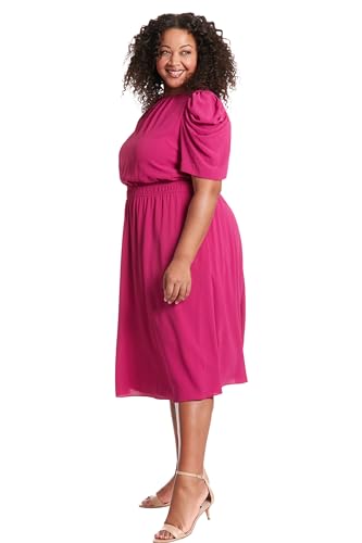 Image of London Times Women's Caterpillar Puff Sleeve Midi Dress - Gathered Waist A-Line Flowy Summer Dress