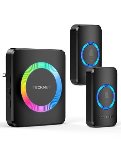 TECKNET Sonnette sans Fil Exterieur Etanche, Sonnette sans Fil Portée 600m, Kit de Sonnette avec 1 Récepteur Enfichable et 2 émetteurs, Indicateur RVB, 60...