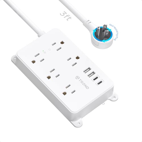 Image of TROND 360 Rotating Flat Plug Power Strip, 3ft Extension Cord, White