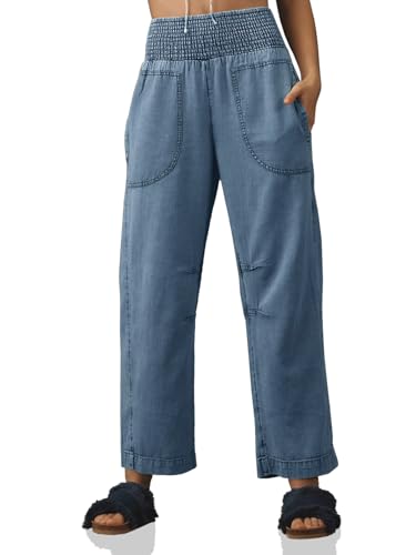 Cicy Bell Womens Smocked Barrel Jeans Casual Trendy High Waisted Baggy Pull On Denim Pants2