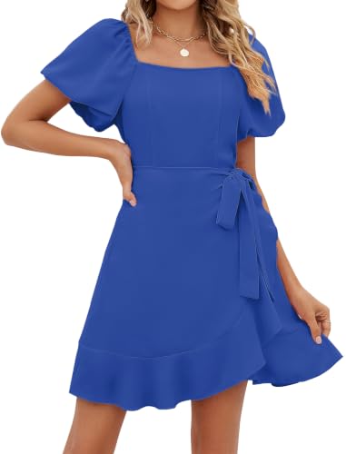 Image of Sampeel Womens Summer Dresses Square Neck Puff Sleeve Tie Waist Short Dress