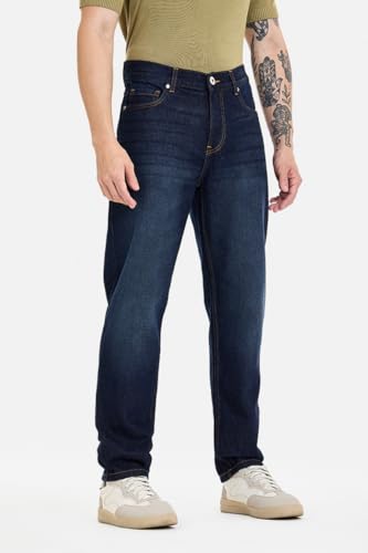 Image of SNITCH Men Casual Jeans | Relaxed Fit Straight Leg Washed Pattern & Drawstring Closure | 100% Cotton Denim Fabric for All Day Comfort & Everyday Wear
