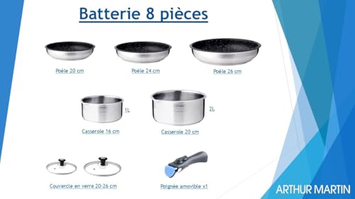 Arthur Martin, Ensemble de Cuisine 8 pièces en Acier Inoxydable - 3 Poêles (20-24-26 cm), 2 Casseroles (16-20 cm), 2 Couvercles en Verre, Poignée, Tous Feux Induction, Intérieur Anti-Adhérent – Image 5