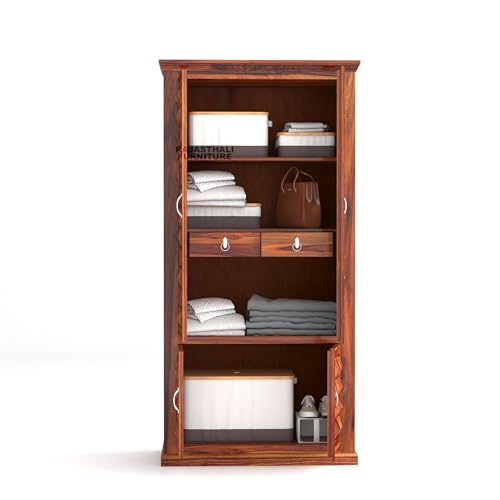 Image of Diamond Solid Sheesham Wood Wardrobe for Bedroom Modular Wooden Wardrobe Space Saving with 2 Door & 2 Drawer /Storage Rack Clothes Almirah Cupboard for Bedroom (Honey Finish)