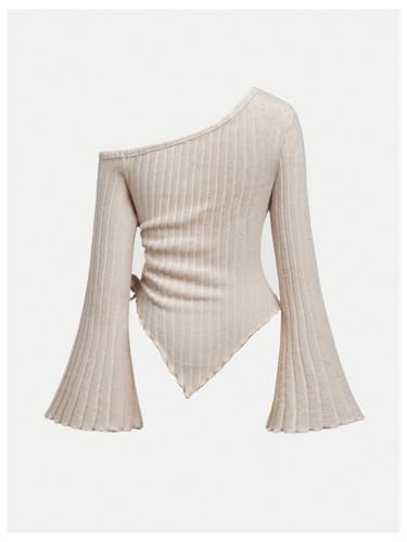 SHENHE Girl's Ribbed Knit Off The Shoulder Tee Ruched Bell Sleeve Asymmetrical Going Out Top2