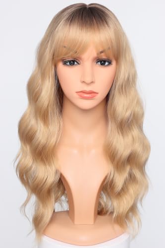 Medium Long Honey Blonde Wavy Wigs For Women Synthetic Full Hair Blonde Wigs With Bangs For Daily Use (Blonde)