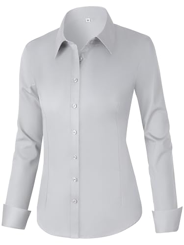 CUNLIN Silver Grey Gray Long Sleeve Shirt Women Womens Button Down Work Dress Shirts for Women's Blouses Cotton Tops Blouse Formal up Collar Collared Silver Grey XL