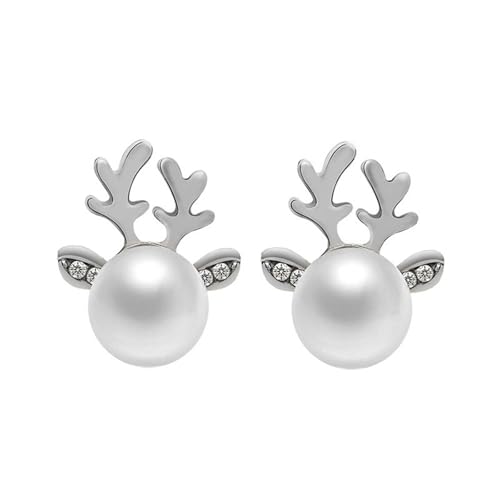 coadipress Christmas Reindeer Earrings for Women Cute Fashion Sparkling Rhinestone Christmas Reindeer Stud Earrings Christmas Party Statement Holiday Jewelry Accessories (Silve Pearl)