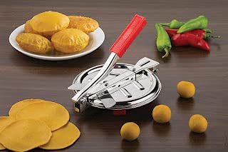 Henils Heavy Quality Stainless Steel 6.5 inch Dia, Puri Maker Press Machine with Handle, Manual Stainless Steel Roti Press, Papad/Khakhra/Chapati Maker (Red Color)