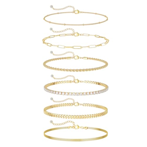 Image of DEARMAY Gold Ankle Bracelets for Women Waterproof, Non Tarnish 14K Gold Plated Beaded Link Chain Anklets, Layered Summer Beach Jewelry Gifts, Dainty Bikini Outfits for Vacation