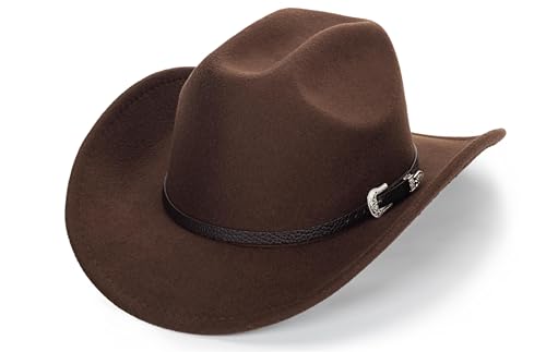 Caysep Classic Western Cowboy Hat for Women and Men Roll Up Wide Brim Felt Fedora Hats Cowgirl Hat with Belt Buckle(M-L) Coffee