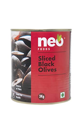 Neo Sliced Black Olive 3kg Tin I Black Olive for Pizza Topping, Pasta, Salads, Nachos, Whole Wheat Sandwich, Burger I Low Fat Ready-To-Eat Healthy Snack, Source of Fibre Nt. Wt. 3 Kg/ Net Dr. Wt. 1.56kg