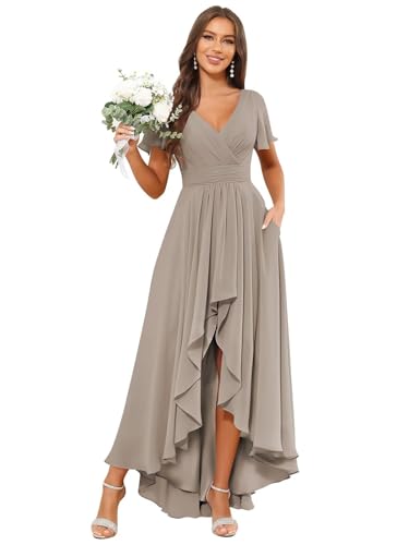 Chiffon Bridesmaid Dresses for Women Long V Neck Ruffle Ruched High Low Formal Evening Gown with Pockets