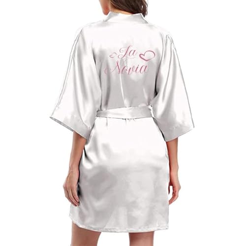 Bata Novia - Albornoz Satén para Mujer - Kimono Bata para Novia Dama de Honor (Blanco Novia, 2XL)