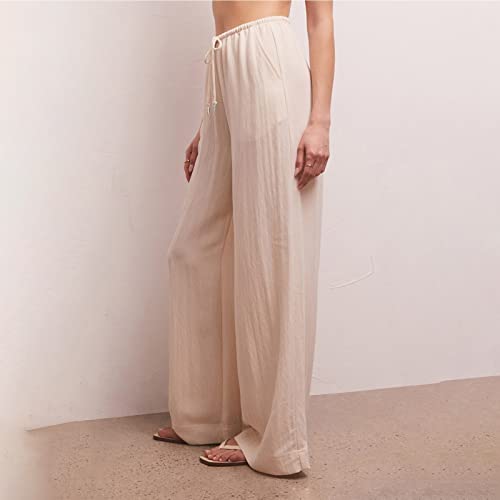 Women Cotton Linen Pants Wide Leg High Waist Flowy Summer Beach Drawstring Pants Thin and Cool Breathable (Beige, L)3