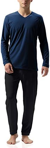 Genuwin Men's Pajama Set Cotton Long Sleeve Sleepwear Set Loungewear S~XL (Navy Blue Top+Black Bottoms, Large)
