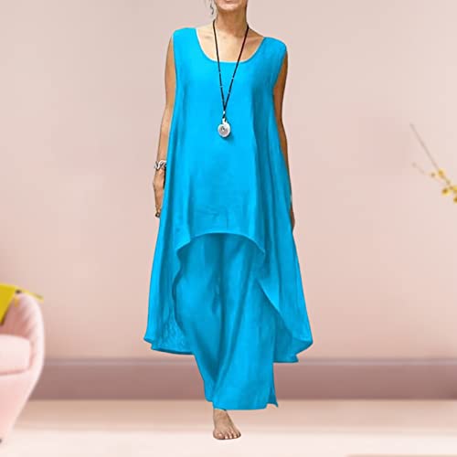Womens Cotton Linen Tracksuit 2 Piece Set Sleeveless Tops Wide Leg Pants Sets Oversize Casual Linen Tracksuit Outfits #TOP3