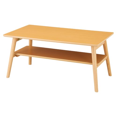 リコメン堂 折りたたみ センターテーブル ロータイプ シンプル 大理石 石目調 机 天然木 (棚付き, ナチュラル, 90×50×38)