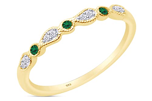 AFFY Round Cut White Natural Diamond & Simulated Green Emerald Stackable Leaf Wedding Band Ring In 14K Gold Plated 925 Sterling Silver (Clarity : I2-I3, Color : I-J, 0.12 Cttw)2