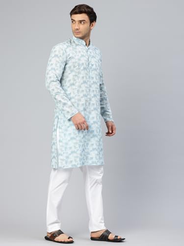 Image of Majestic Man Men's Cotton Regular Fit Casual Mandarin Collar Ethnic Motifs Printed Long Regular Kurta