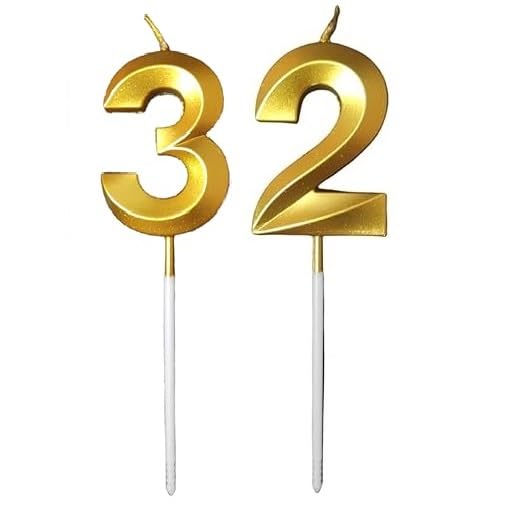 Image of ToyUniverse Number 32 Metallic Gold Candle for 30th Birthday, Anniversary & Surprise Parties (Pack of 2)